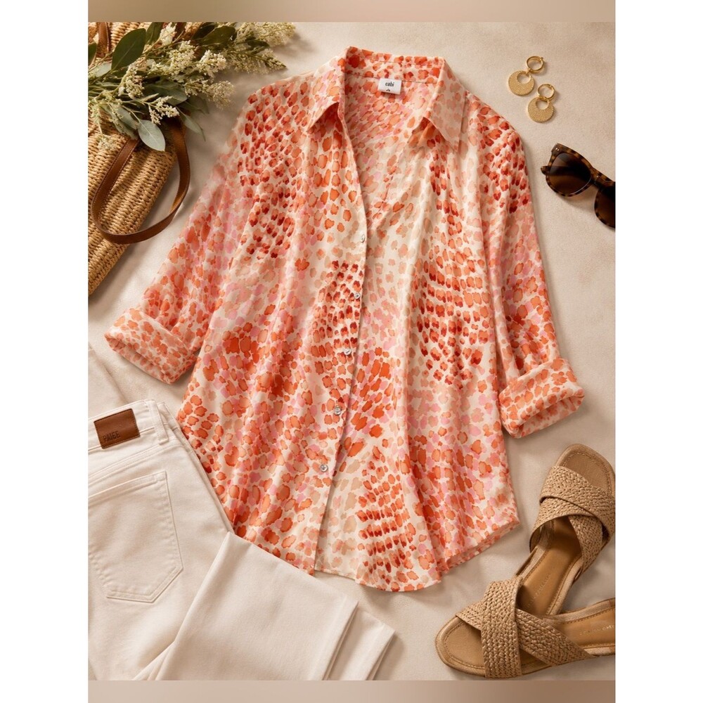 Cabi Orange Pink Cream XLarge Goto Animal Print Chiffon Button Down Top, XL